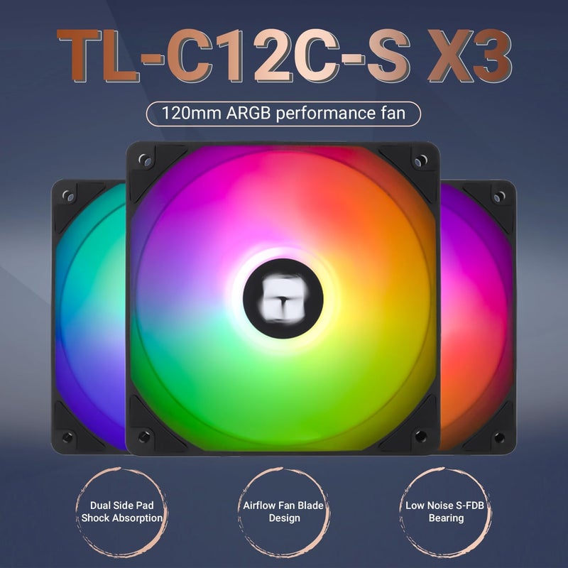 Thermalright مروحة CPU TL-C12C-S X3 120mm ARGB مروحة تبريد علبة، مروحة كمبيوتر صامتة 4pin PWM مع تحمل S-FDB، تصل إلى 1550RPM (3 قطع) - Image 2